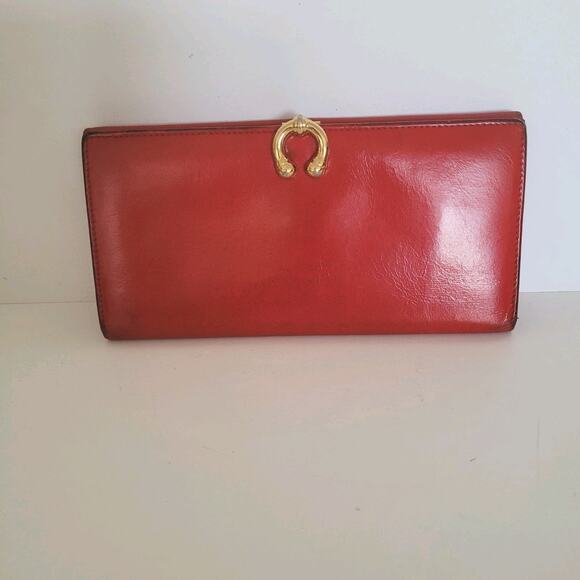 GUCCI Bifold Leather Wallet Long Bifold Red Large Card Bill Designer Horseshoe - Picture 1 of 13